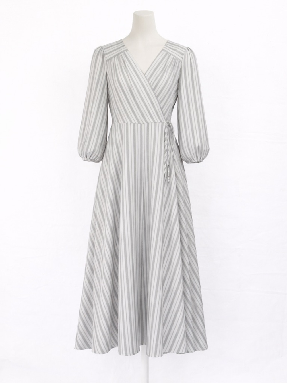 Calvin Klein Gray & White Striped Wrap Midi Dress